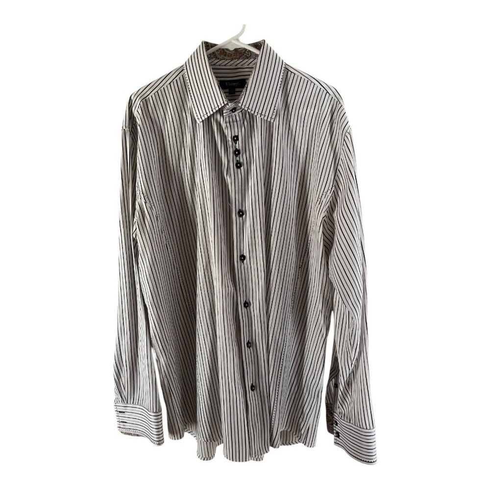 Vizoni Uomo Men’s XXXL Dress Shirt – Black & White Stripe with Paisley Trim – Mo